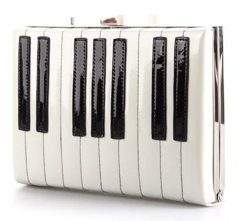 White Patent Lether Piano Keyboard Rectangular Evening Clutch Purse Jewelry Box