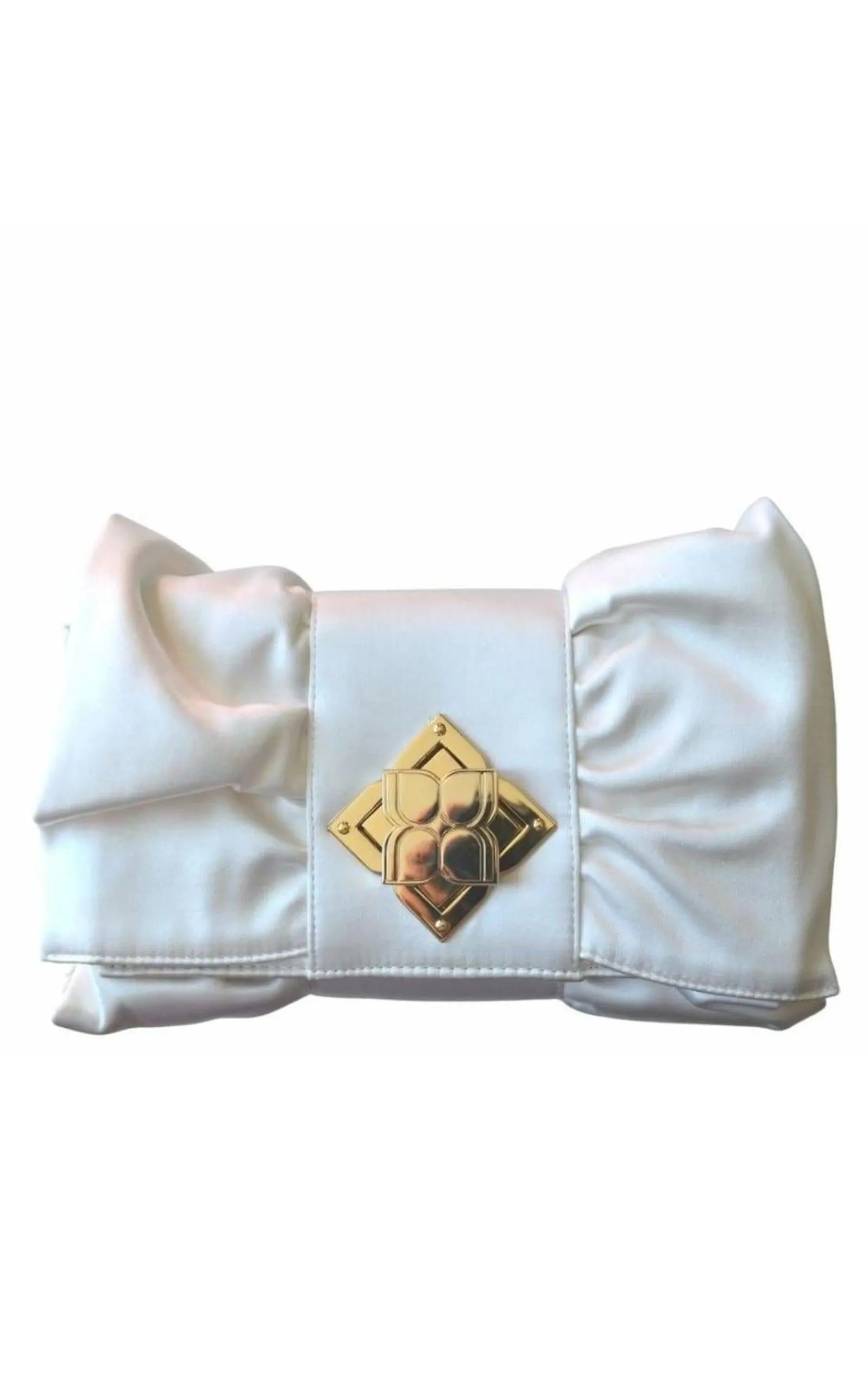 White Satin Signature Bow Ruffle Clutch