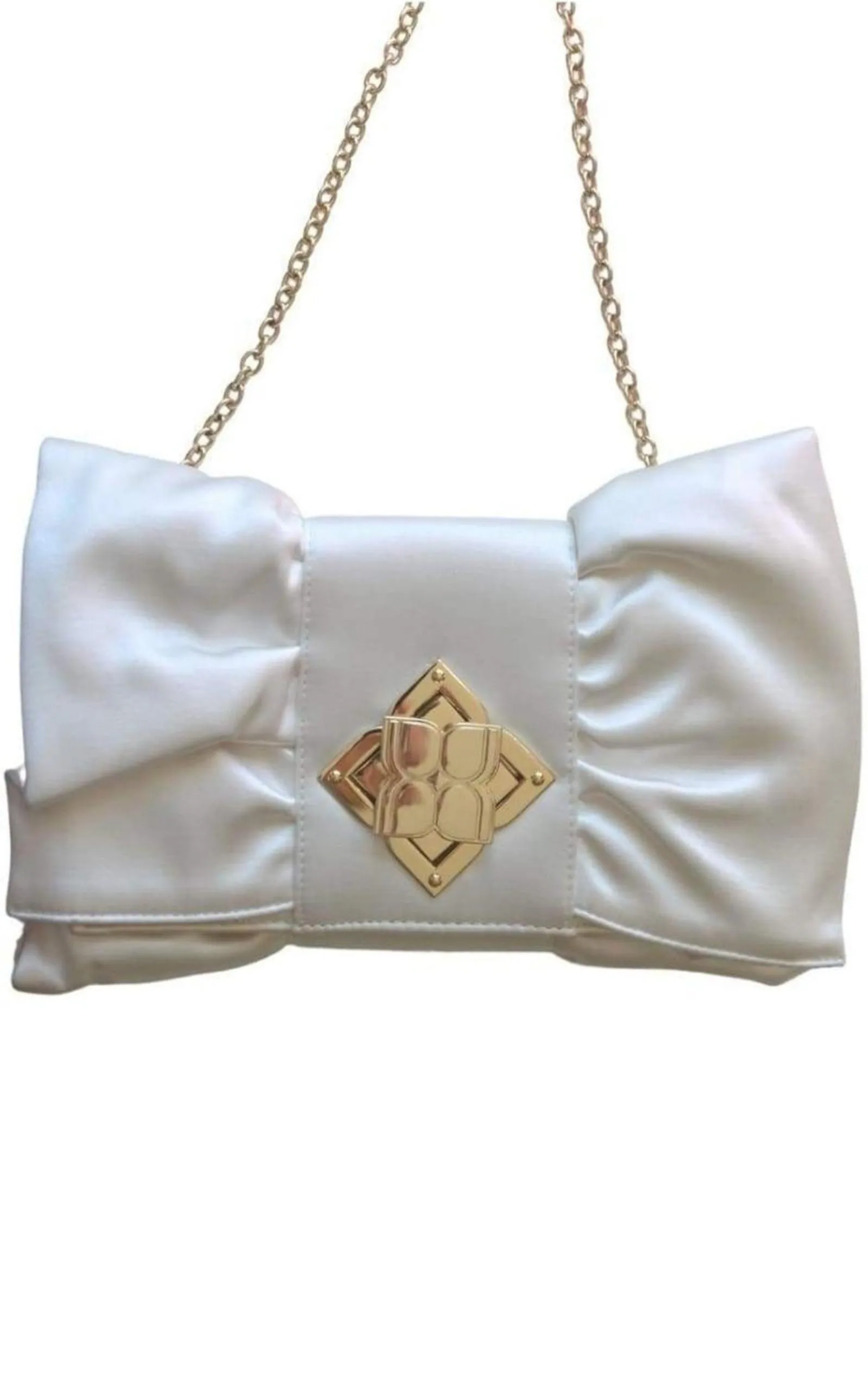 White Satin Signature Bow Ruffle Clutch