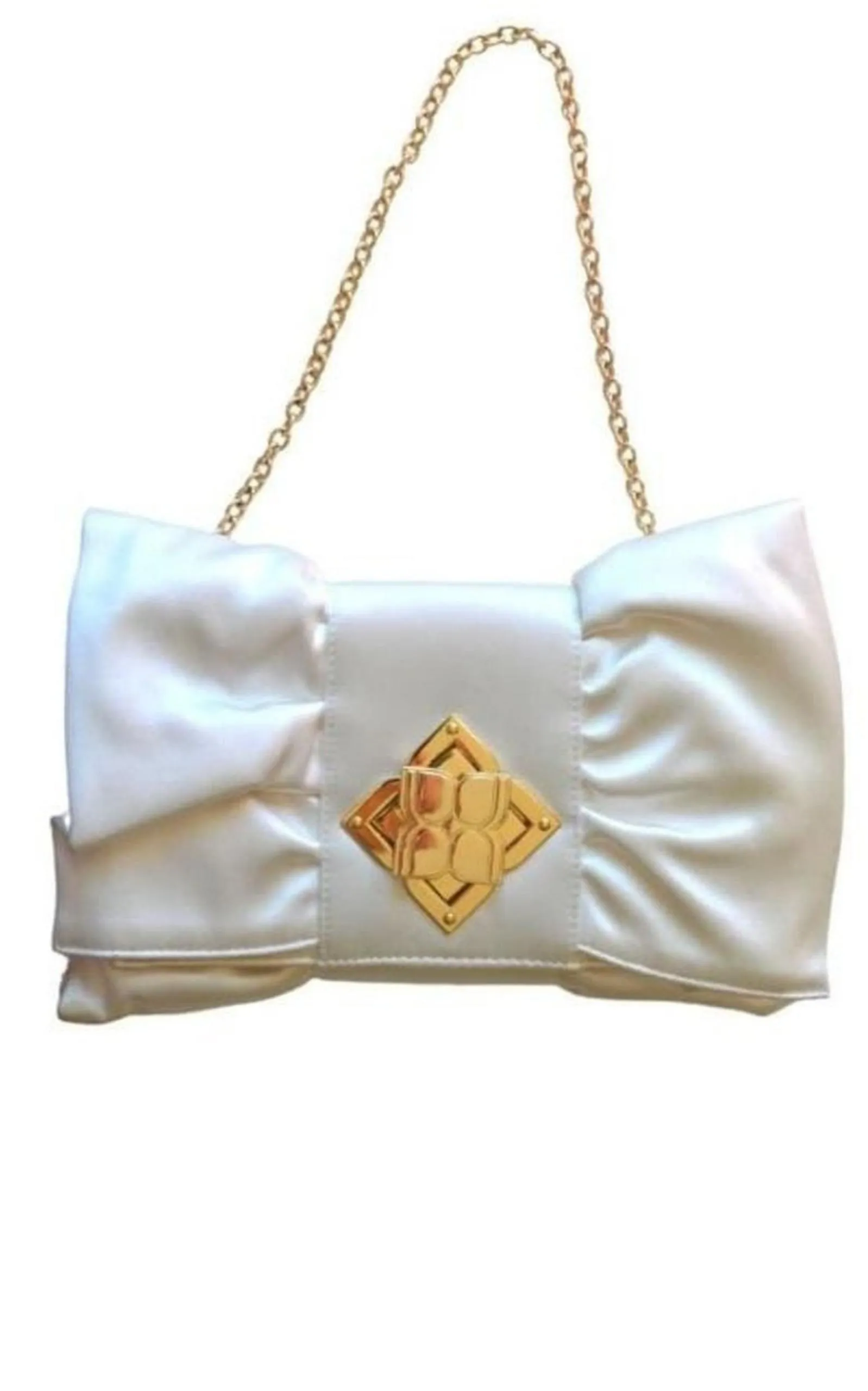 White Satin Signature Bow Ruffle Clutch