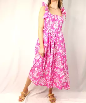 Wide Strap Floral Midi Dress - Pink