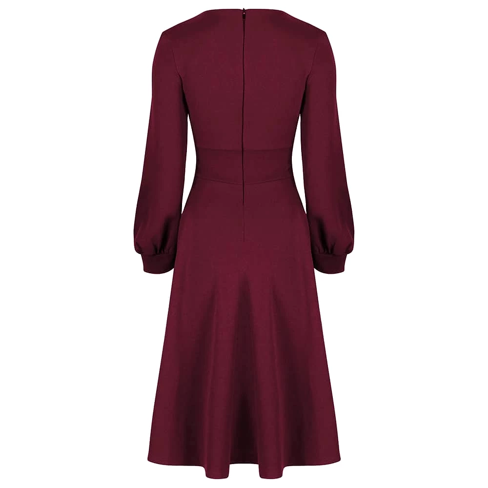 Wine Red Long Sleeve A Line Vintage Crossover Tea Swing Dress