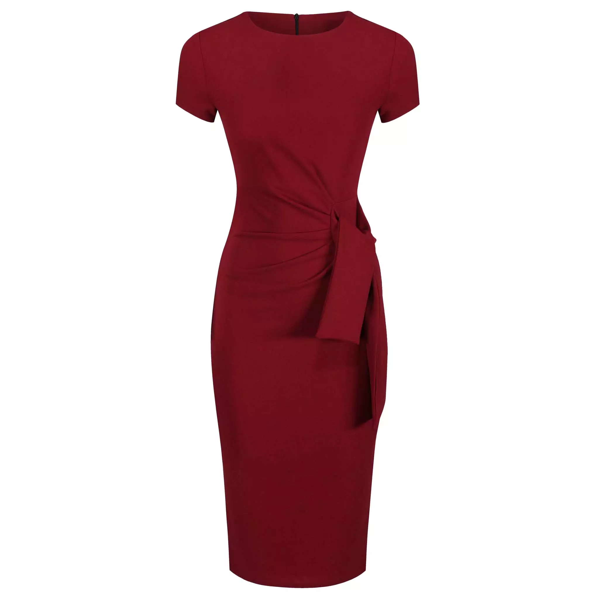 Wine Red Short Sleeve Ruched Tie Bodycon Pencil Dress