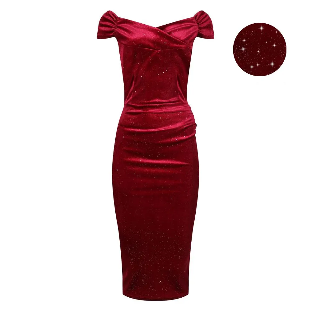 Wine Red Velour Sparkle Cap Sleeve Crossover Top Bardot Wiggle Dress