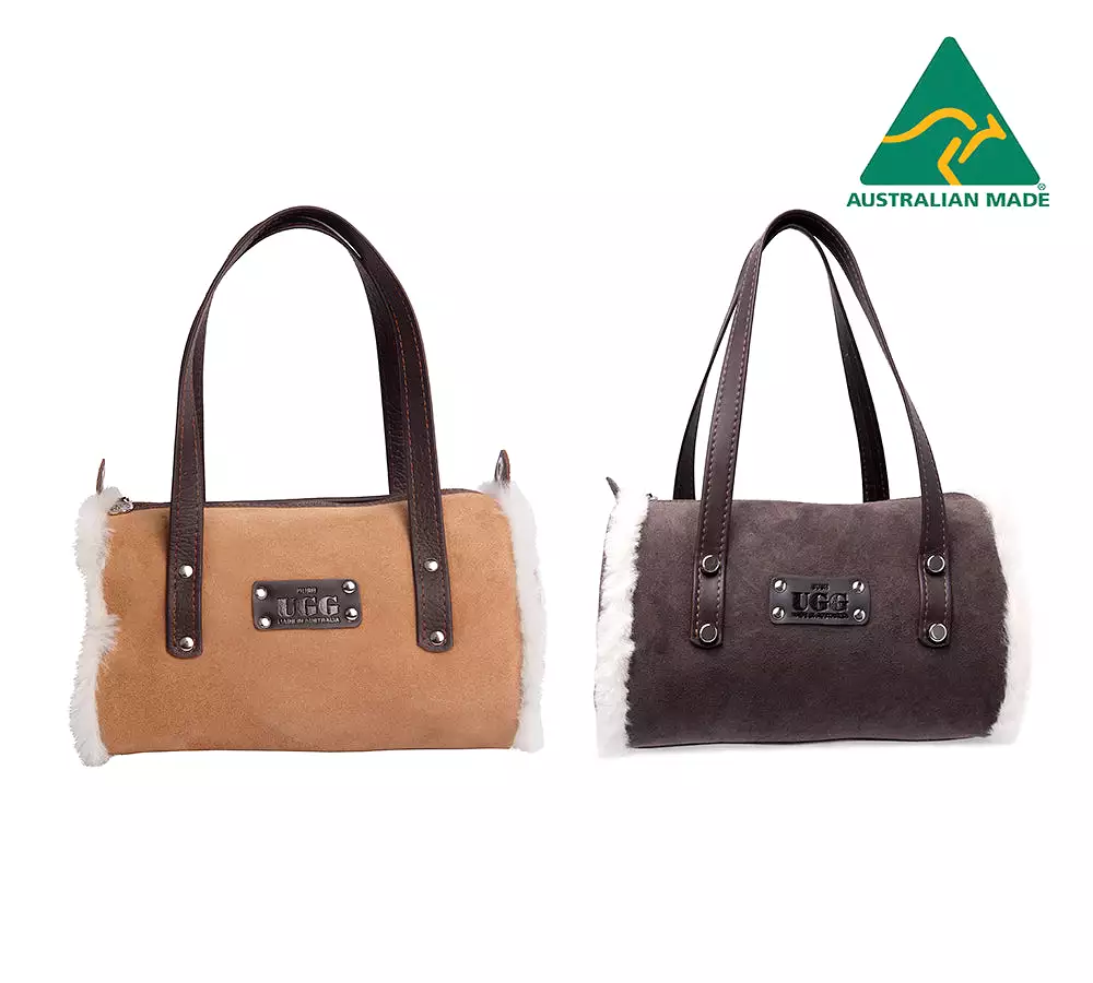 Women Sheepskin Wool Medium Hand Carry Zip Barrel Bag