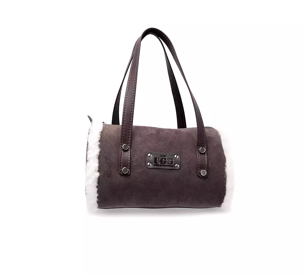 Women Sheepskin Wool Medium Hand Carry Zip Barrel Bag