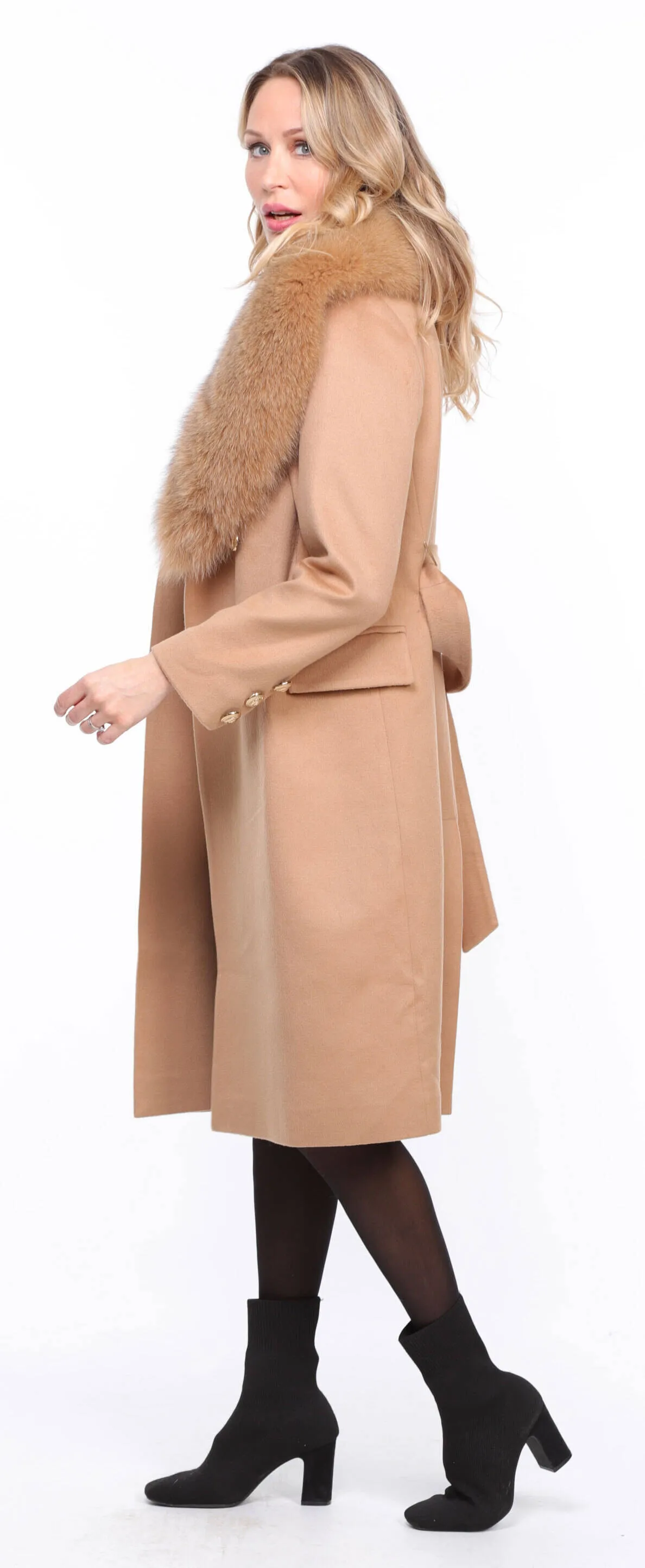 Women's gold \mona\ wool + fox coat