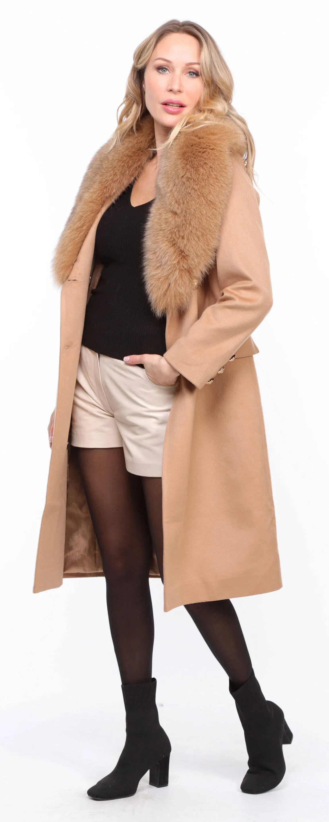 Women's gold \mona\ wool + fox coat