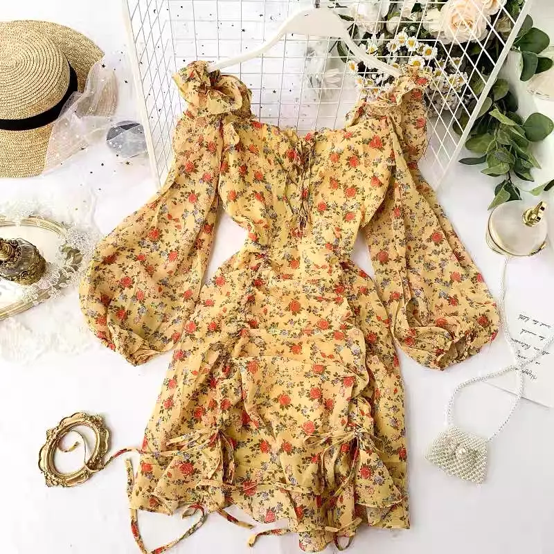 YELLOW/WHITE RETRO FLOWER PRINT DRESS BY40401