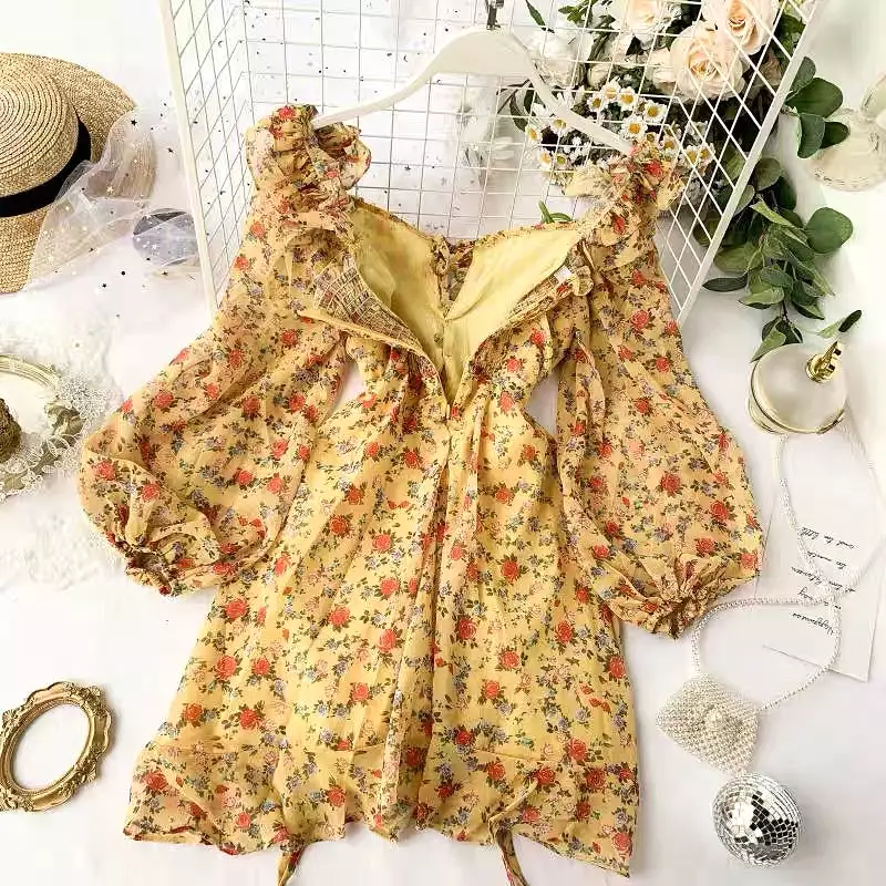 YELLOW/WHITE RETRO FLOWER PRINT DRESS BY40401