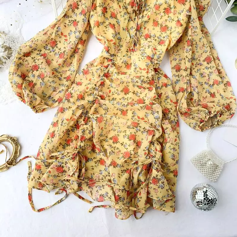 YELLOW/WHITE RETRO FLOWER PRINT DRESS BY40401